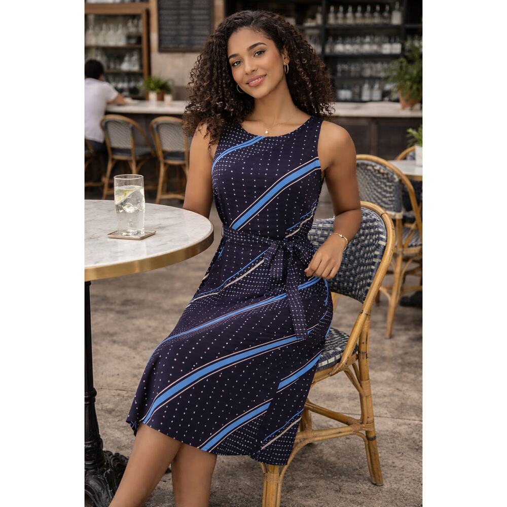 NWT Vince Camuto Navy & White Dotted Striped Sleeveless Tank Midi Dress Women‎ S